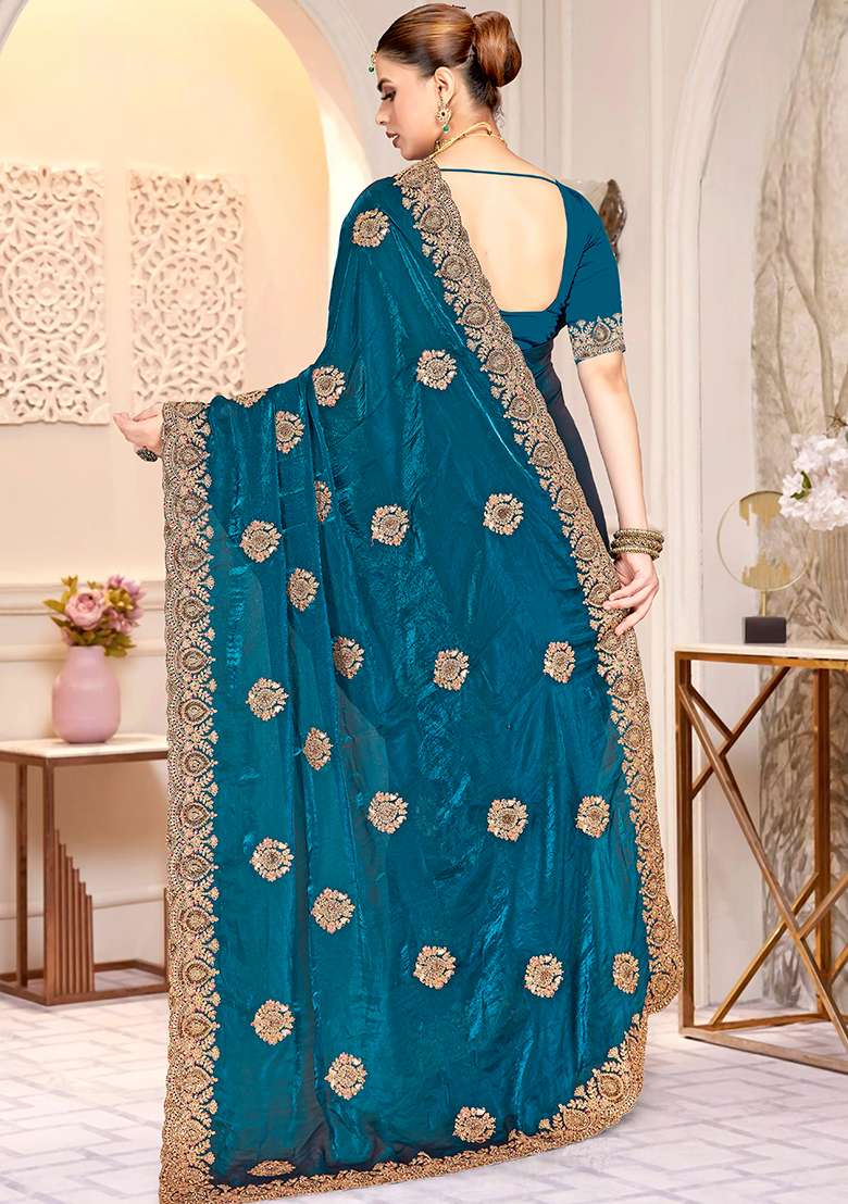 Morpeach Silk Blend Saree Set with Embroidery for Diwali | Wedding & Festive Wear - Indya