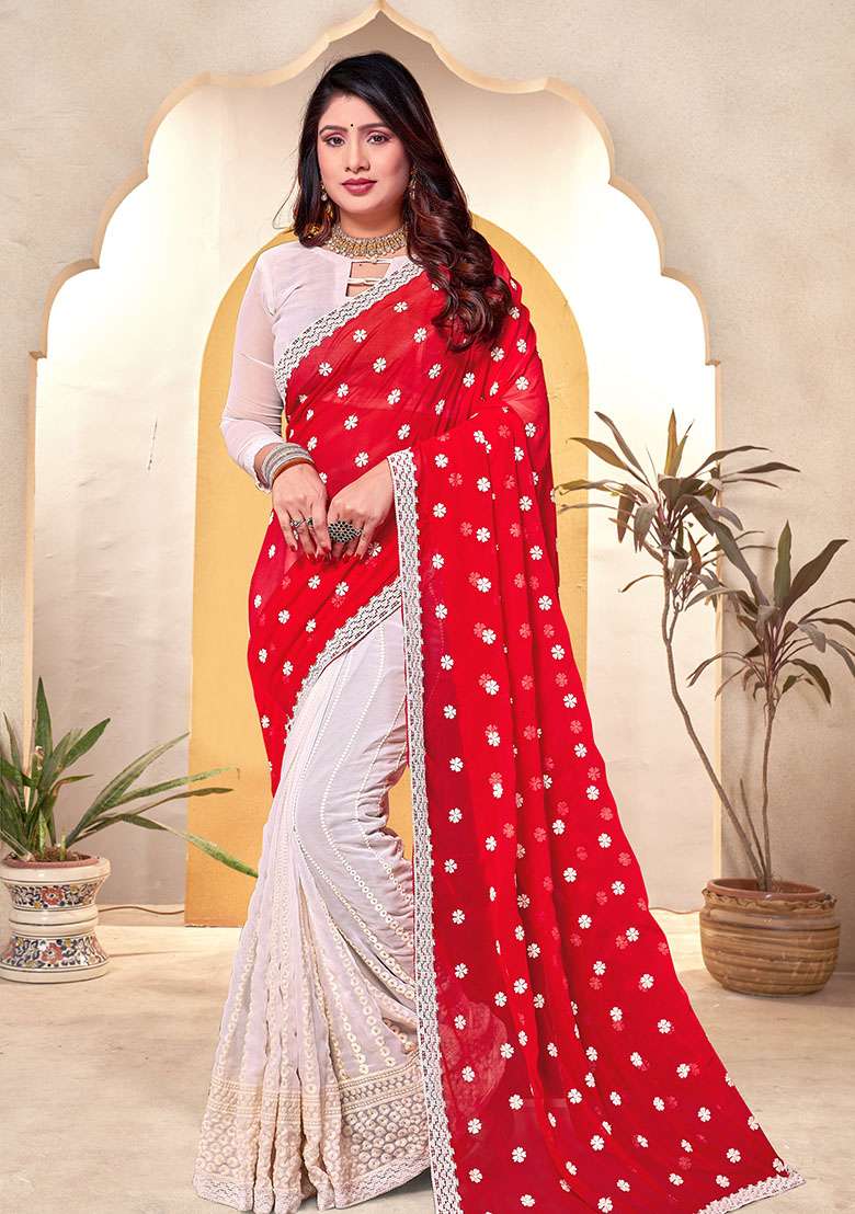 Red White Embroidery Georgette Saree Set for Diwali and Festive Wear - Indya