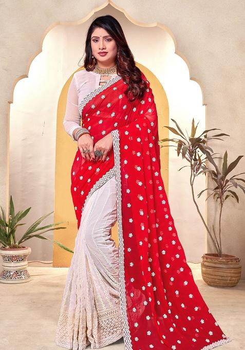 Red White Embroidery Georgette Saree Set