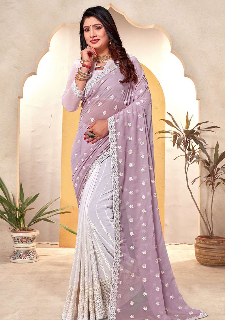 Lavender White Georgette Saree Set with Embroidery for Diwali | Wedding & Festive Wear - Indya