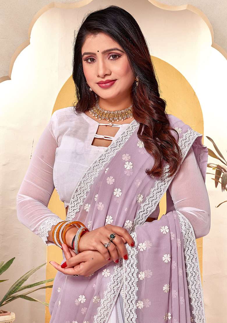 Lavender White Georgette Saree Set with Embroidery for Diwali | Wedding & Festive Wear - Indya