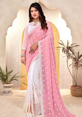 Pink White Embroidery Georgette Saree Set