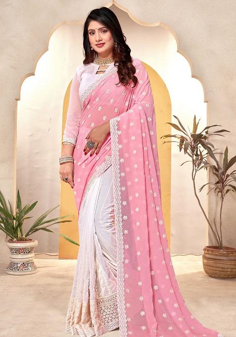Pink White Embroidery Georgette Saree Set