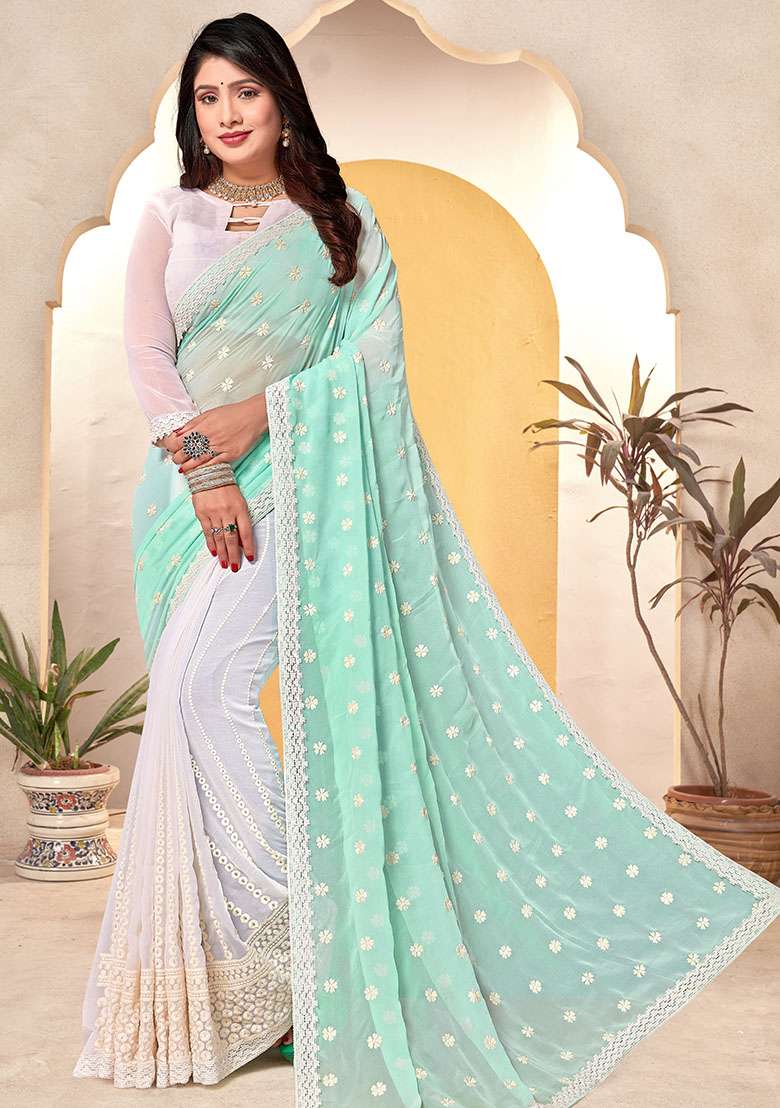Sky White Georgette Saree Set with Embroidery for Diwali | Wedding & Festive Wear - Indya