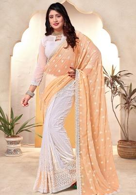 Yellow White Embroidery Georgette Saree Set