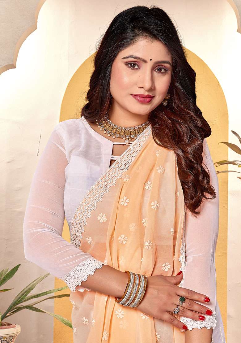 Yellow White Georgette Saree Set with Embroidery for Diwali | Wedding & Festive Wear - Indya