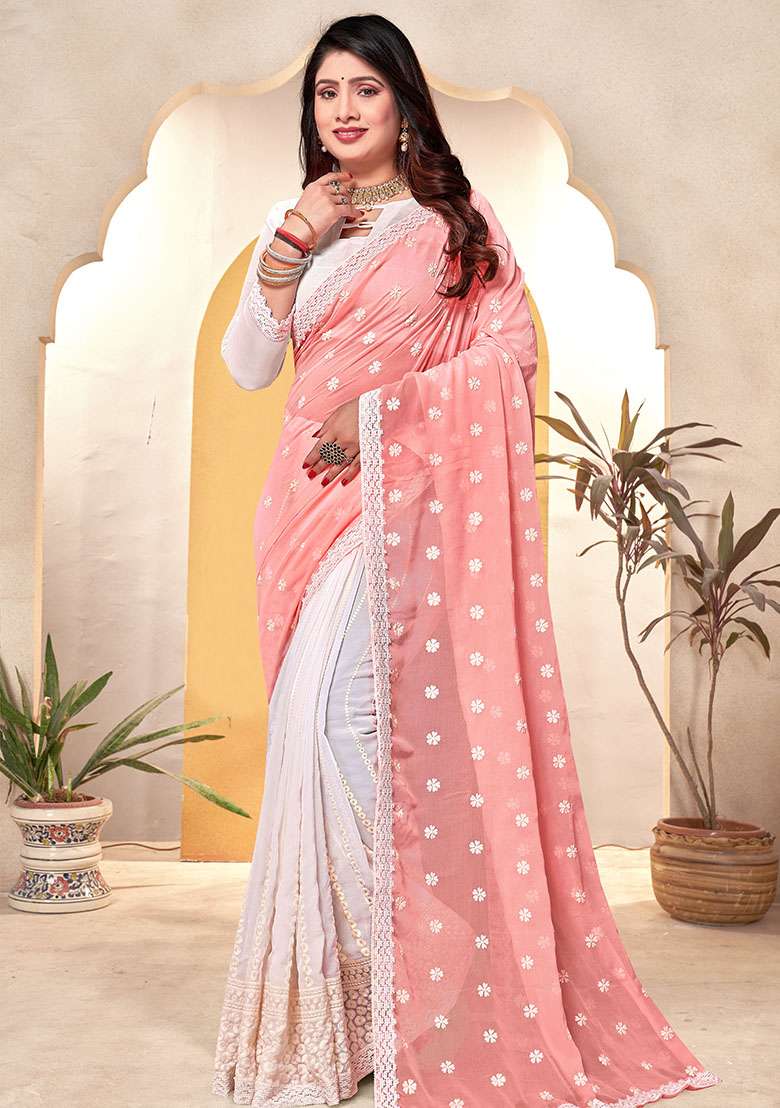 Peach White Embroidery Georgette Saree Set for Diwali and Festive Wear - Indya