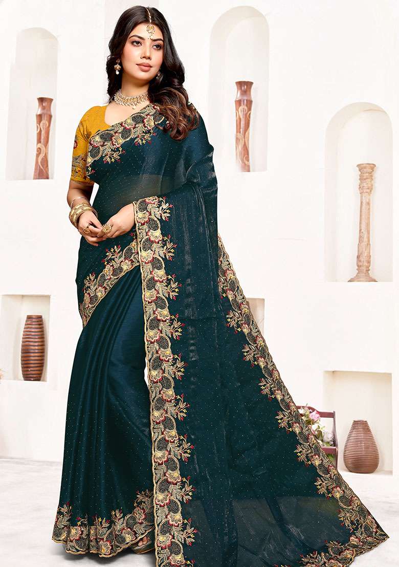 Morpeach Silk Blend Saree Set with Embroidery for Diwali | Wedding & Festive Wear - Indya