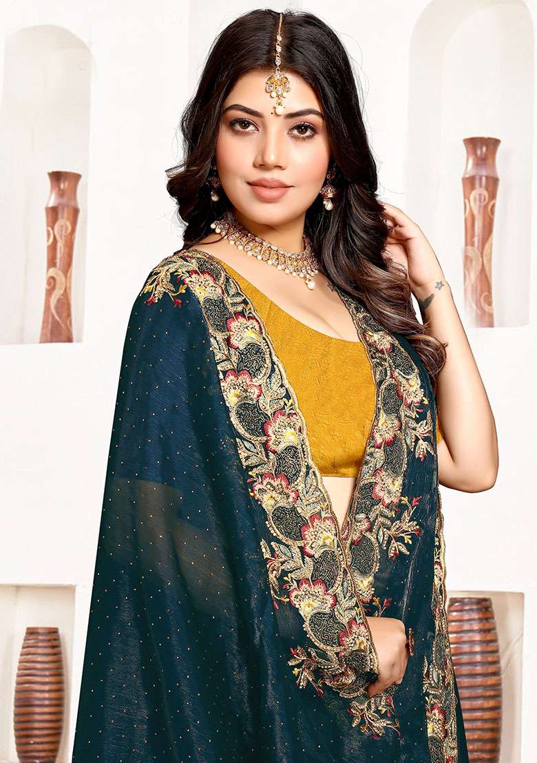 Morpeach Silk Blend Saree Set with Embroidery for Diwali | Wedding & Festive Wear - Indya