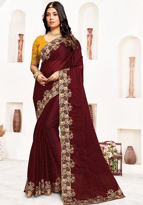Marron Embroidery Silk Saree Set