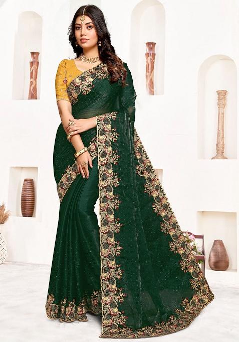 Bottel Green Embroidery Silk Saree Set