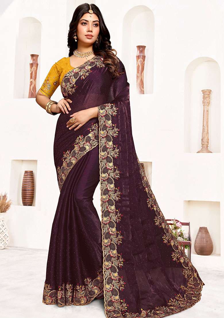 Wine Silk Blend Saree Set with Embroidery for Diwali | Wedding & Festive Wear - Indya