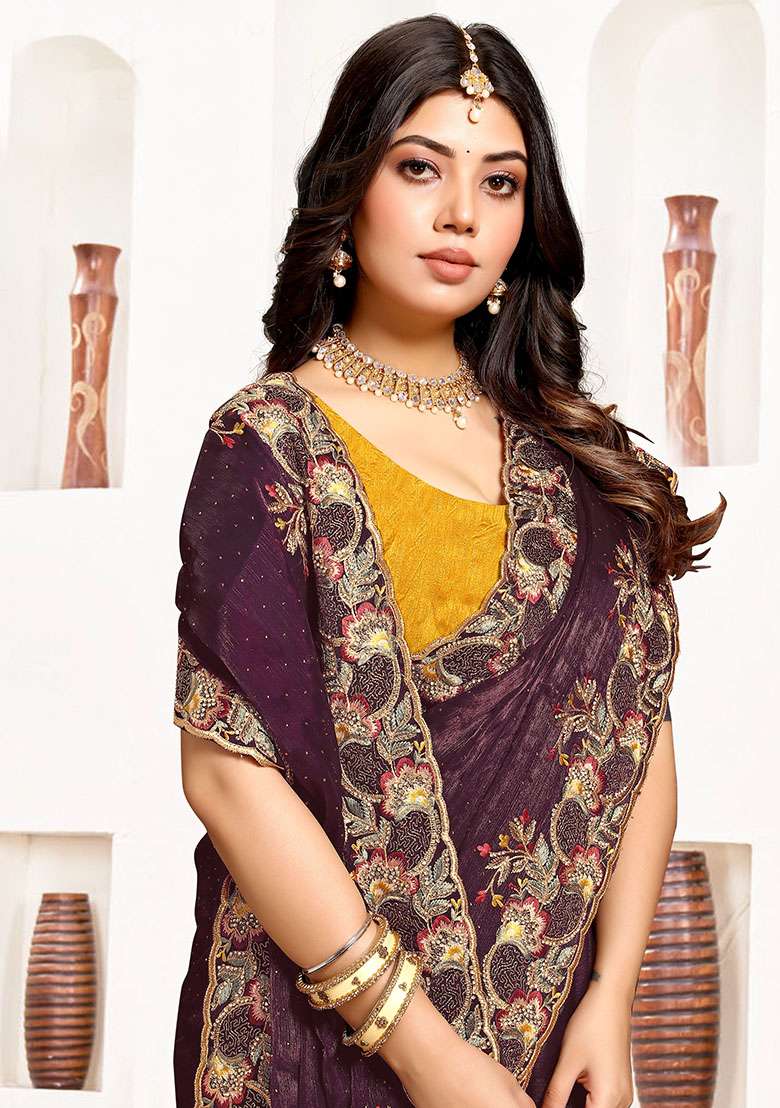 Wine Silk Blend Saree Set with Embroidery for Diwali | Wedding & Festive Wear - Indya