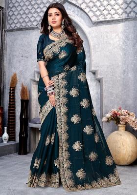Morpeach Embroidery Silk Saree Set