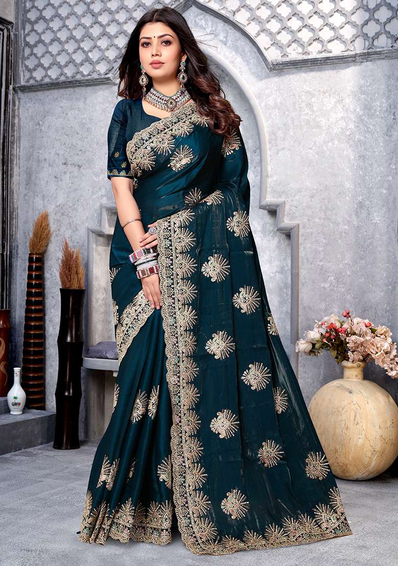 Morpeach Silk Blend Saree Set with Embroidery for Diwali | Wedding & Festive Wear - Indya