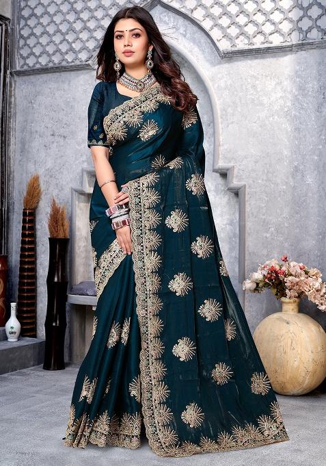 Morpeach Embroidery Silk Saree Set