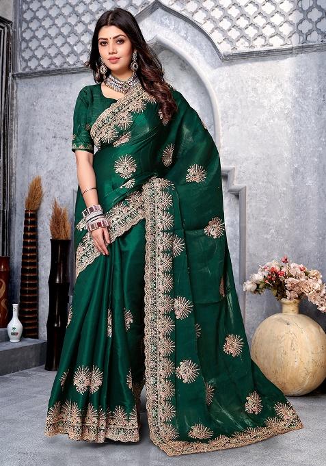 Bottel Green Embroidery Silk Saree Set
