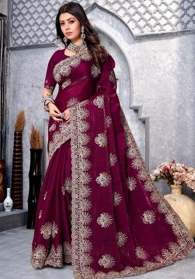 Wine Embroidery Silk Saree Set