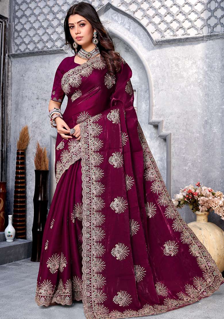 Wine Embroidery Silk Blend Saree Set for Diwali and Festive Wear - Indya