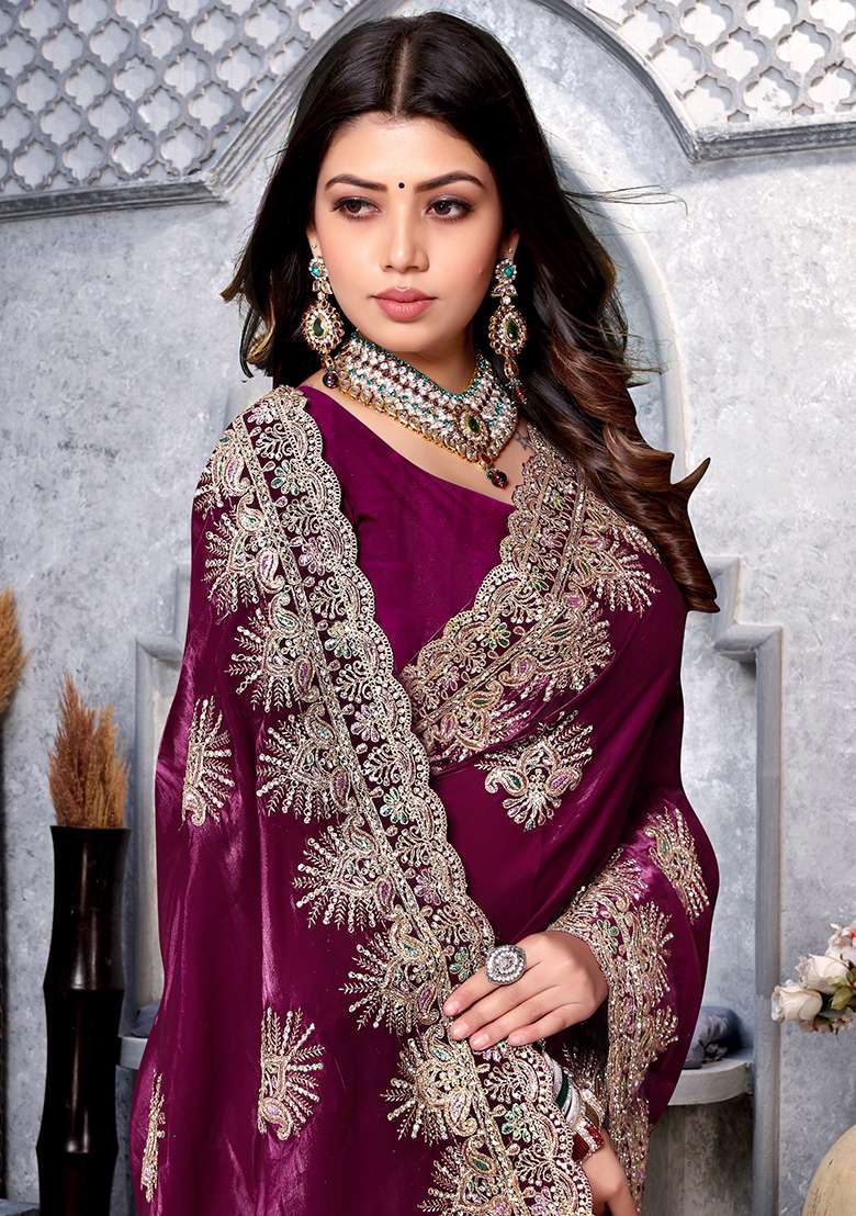 Wine Embroidery Silk Blend Saree Set for Diwali and Festive Wear - Indya