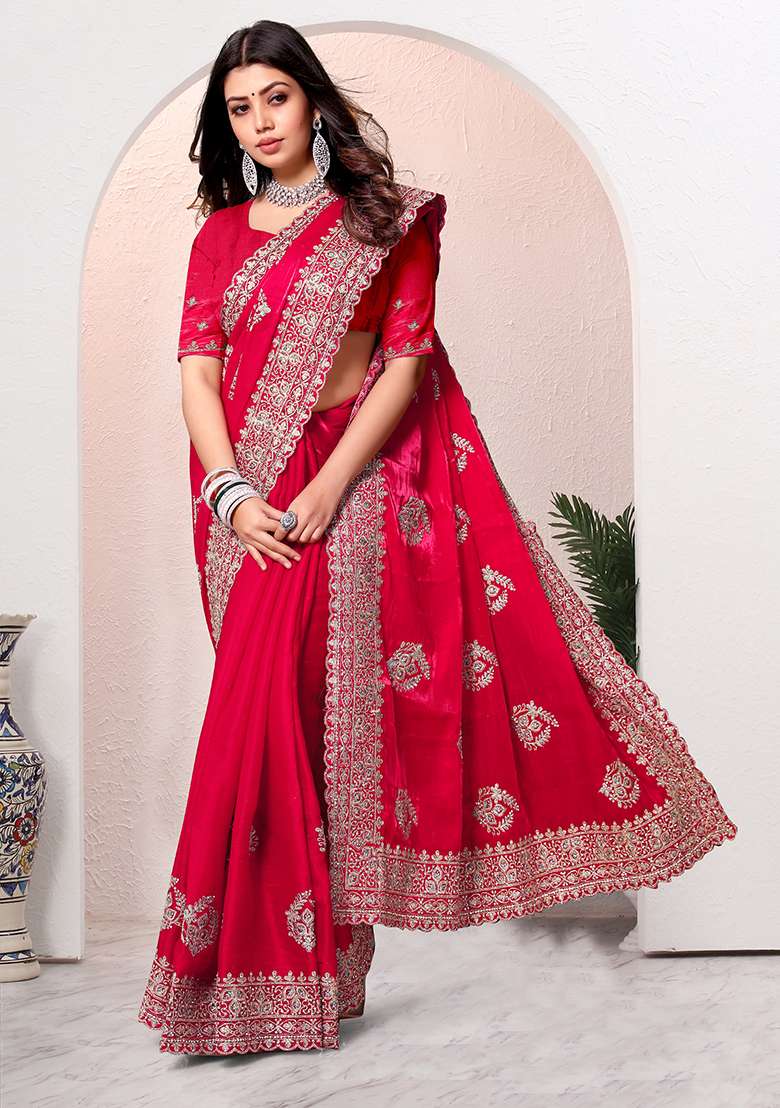 Cherry Embroidery Silk Blend Saree Set for Diwali and Festive Wear - Indya