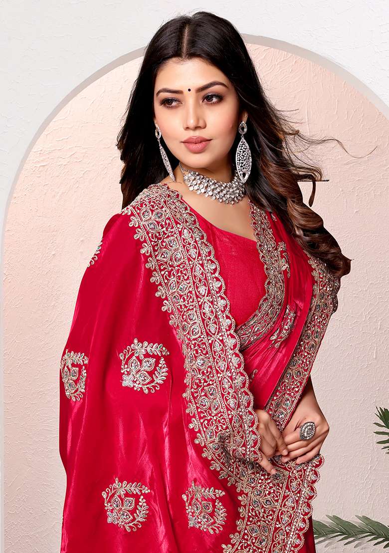 Cherry Embroidery Silk Blend Saree Set for Diwali and Festive Wear - Indya