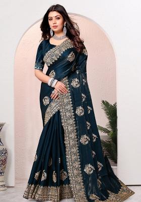 Morpeach Embroidery Silk Saree Set