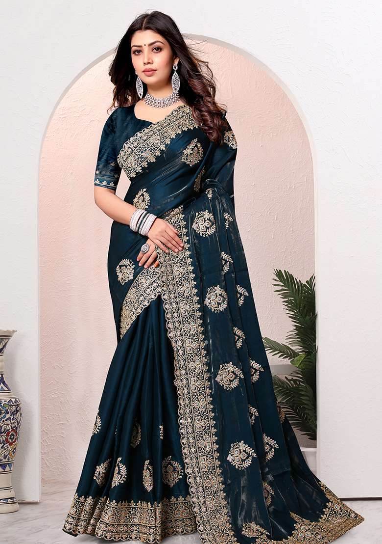 Morpeach Embroidery Silk Blend Saree Set for Diwali and Festive Wear - Indya