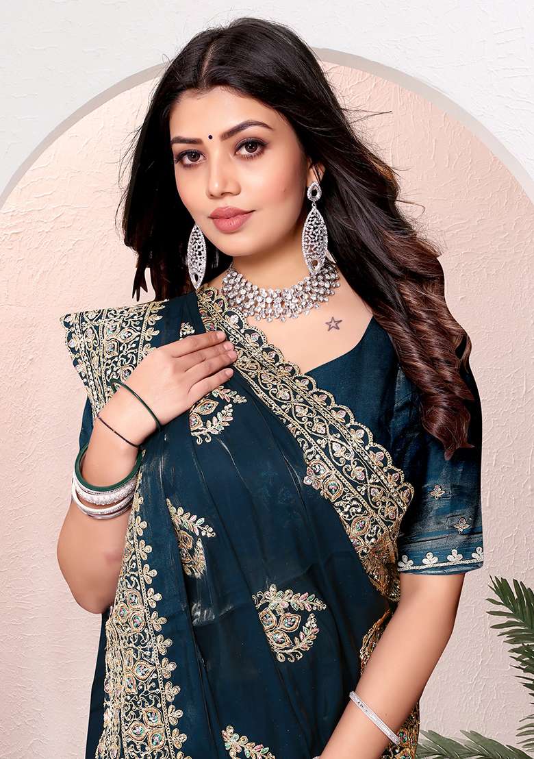 Morpeach Embroidery Silk Blend Saree Set for Diwali and Festive Wear - Indya