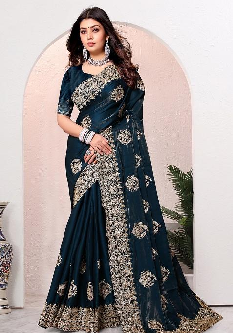 Morpeach Embroidery Silk Saree Set