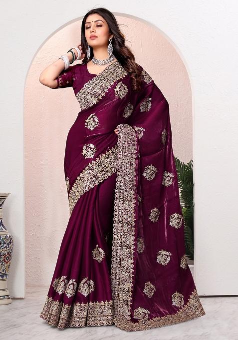 Wine Embroidery Silk Saree Set