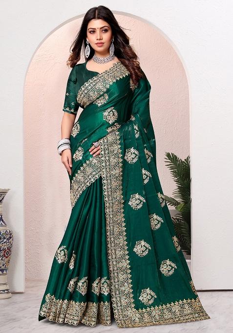 Bottel Green Embroidery Silk Saree Set