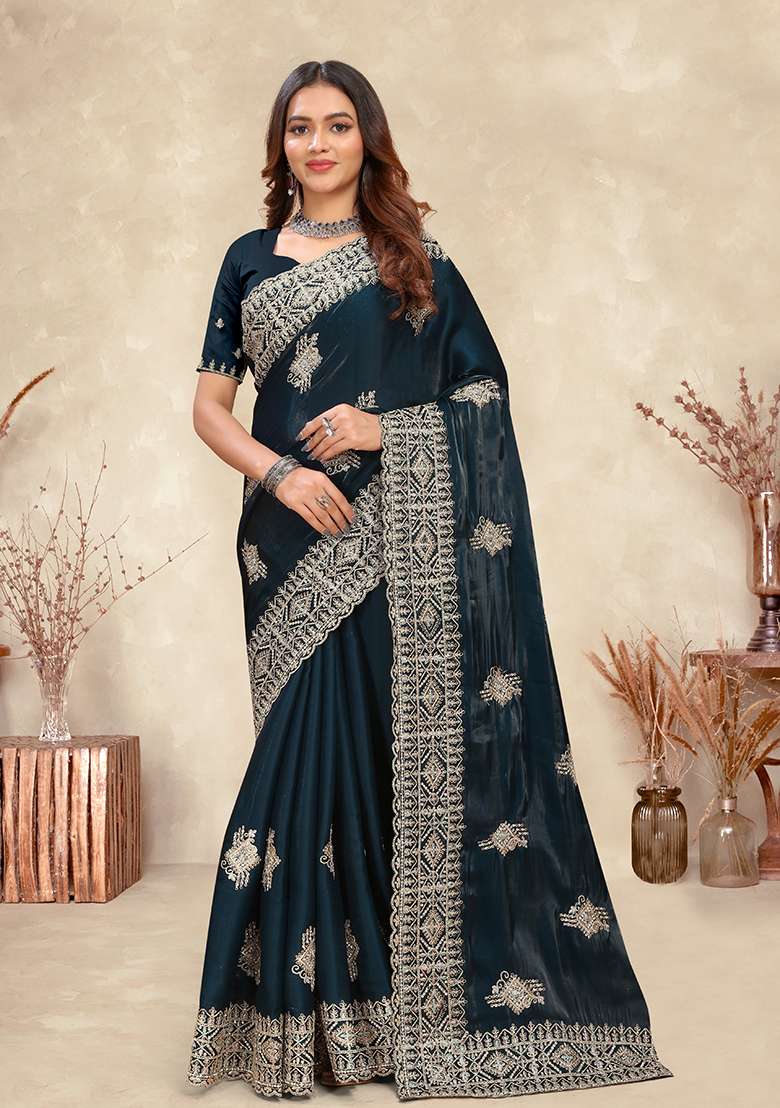 Morpeach Embroidery Silk Blend Saree Set for Diwali and Festive Wear - Indya