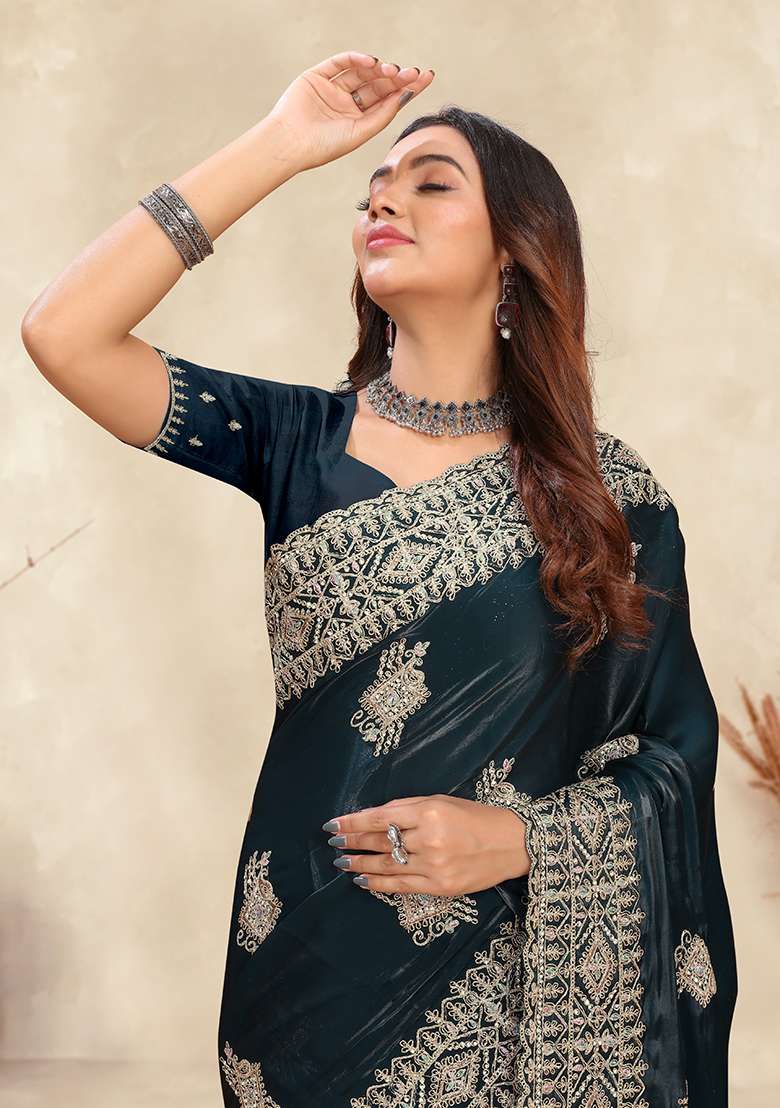 Morpeach Embroidery Silk Blend Saree Set for Diwali and Festive Wear - Indya