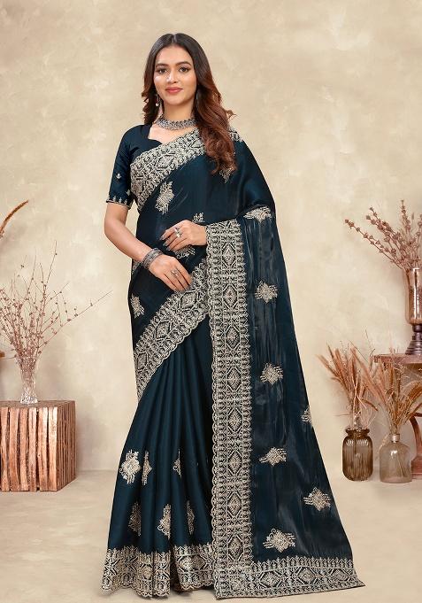 Morpeach Embroidery Silk Saree Set