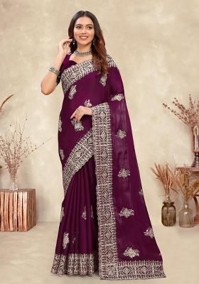 Wine Embroidery Silk Saree Set