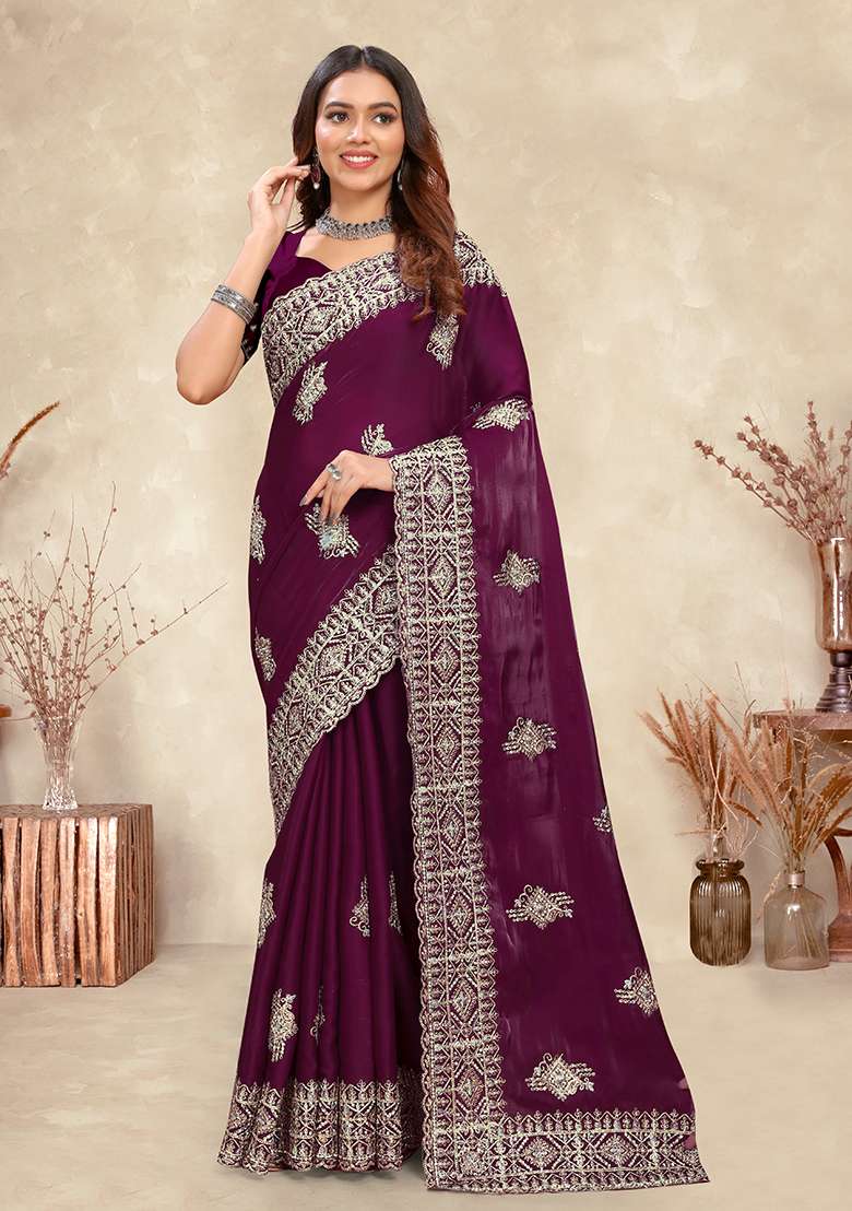 Wine Silk Blend Saree Set with Embroidery for Diwali | Wedding & Festive Wear - Indya