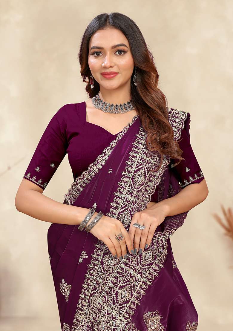 Wine Silk Blend Saree Set with Embroidery for Diwali | Wedding & Festive Wear - Indya