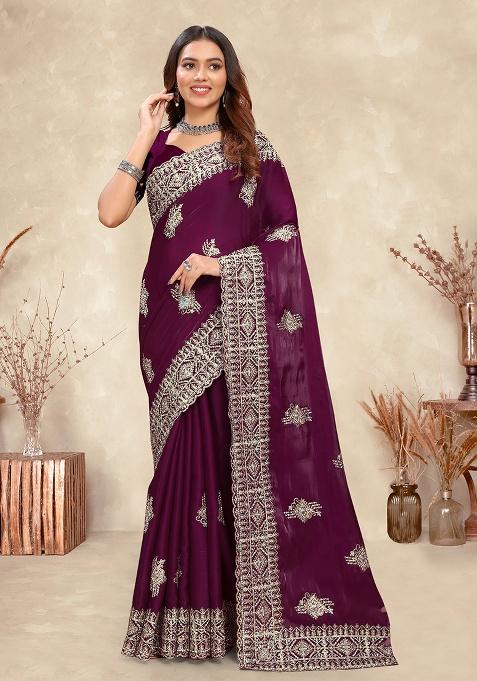 Wine Embroidery Silk Saree Set