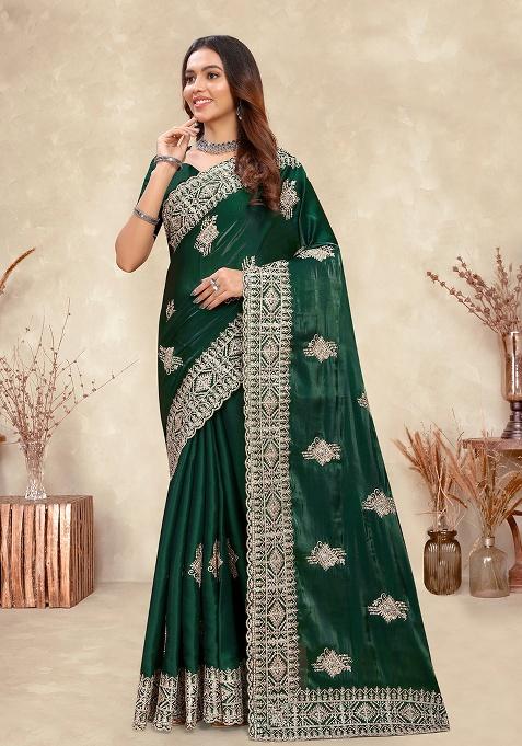 Bottel Green Embroidery Silk Saree Set