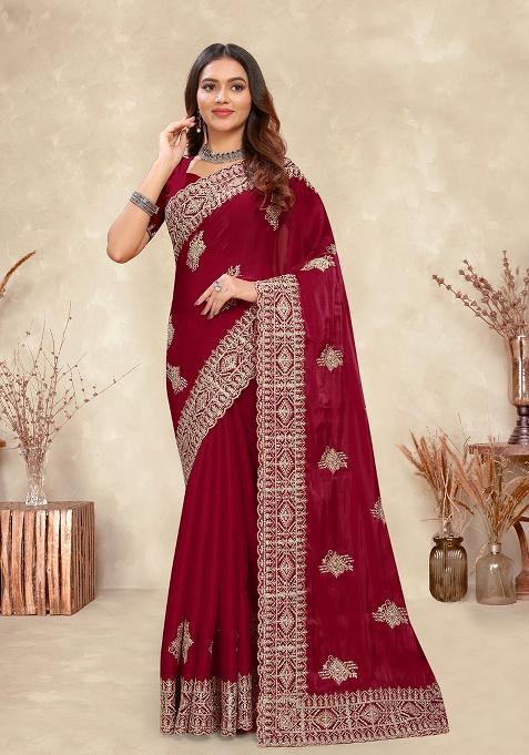 Cherry Embroidery Silk Saree Set