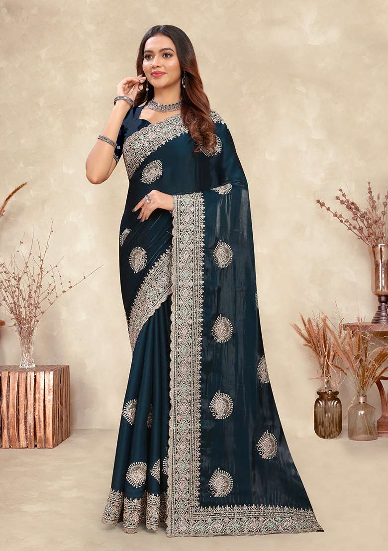 Morpeach Embroidery Silk Blend Saree Set for Diwali and Festive Wear - Indya