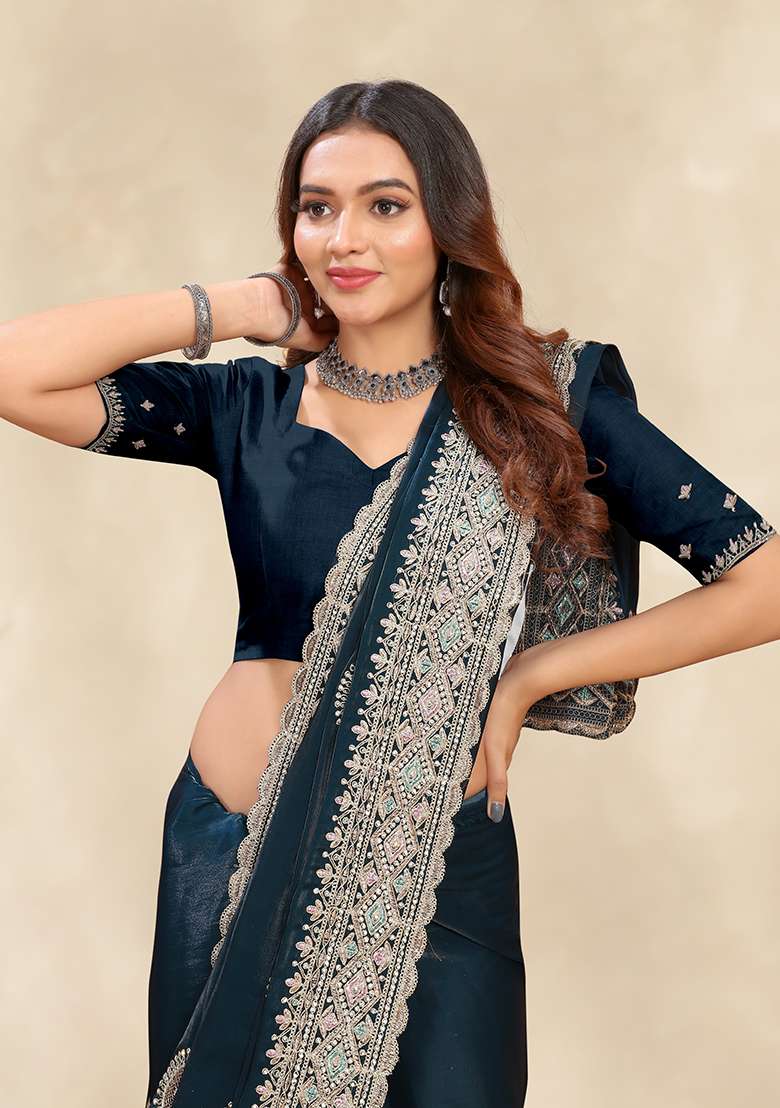 Morpeach Embroidery Silk Blend Saree Set for Diwali and Festive Wear - Indya