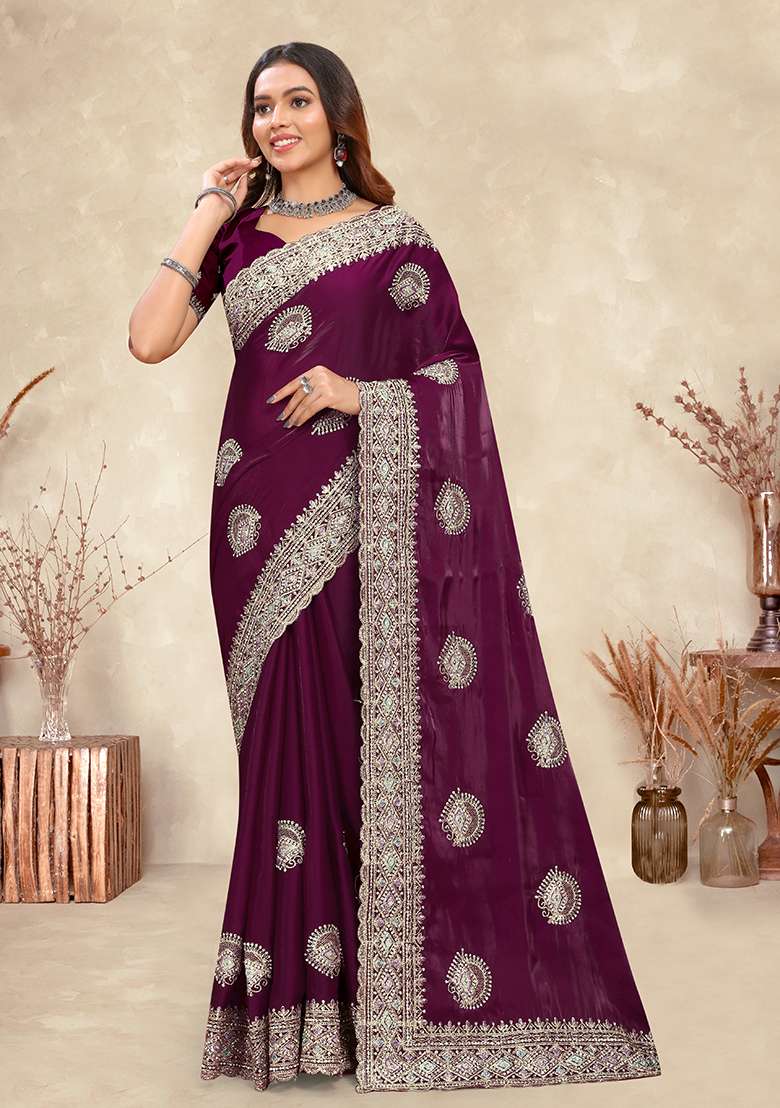Wine Silk Blend Saree Set with Embroidery for Diwali | Wedding & Festive Wear - Indya