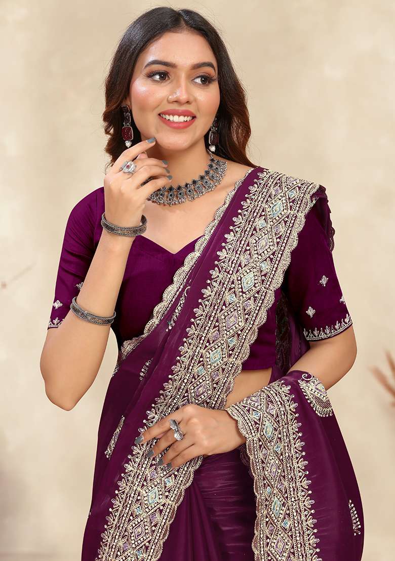 Wine Silk Blend Saree Set with Embroidery for Diwali | Wedding & Festive Wear - Indya