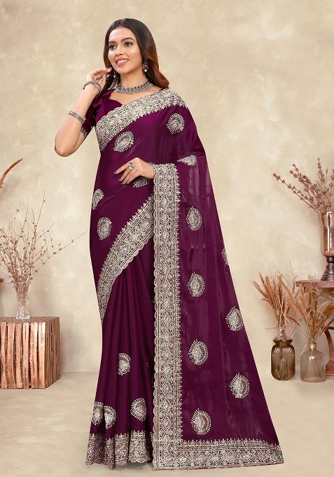 Wine Embroidery Silk Saree Set