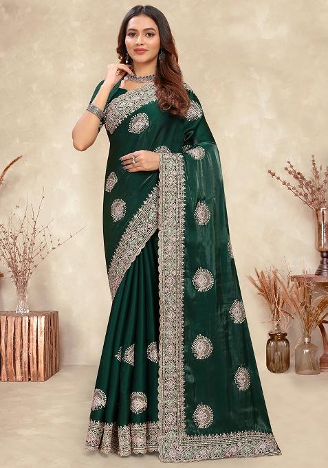 Bottel Green Embroidery Silk Saree Set