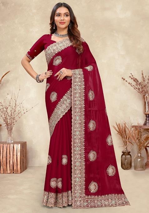Cherry Embroidery Silk Saree Set
