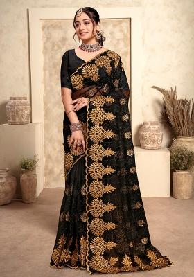 Black Embroidery Net Saree Set