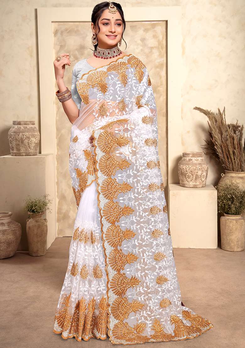 White Net Saree Set with Embroidery for Diwali | Wedding & Festive Wear - Indya